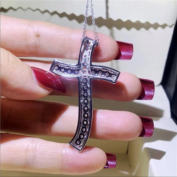 New Men Women 925 Silver Big Diamond Pendant Cross Necklace - Picture 3 of 6